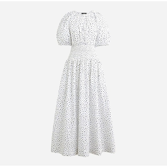 J.Crew Dresses & Skirts - NEW J.Crew Polka Dot Smocked Waist Puff Sleeve‎ Cotton Midi Dress White Navy M